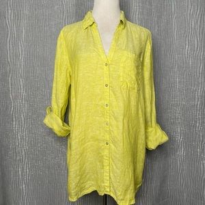 Sigrid Olsen chartreuse linen button down roll tab tunic